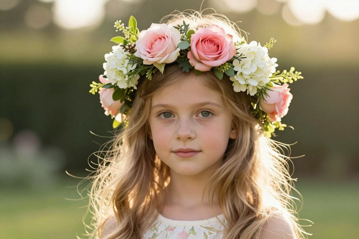 Full flower crown on flower girl with long flowing hair outdoors