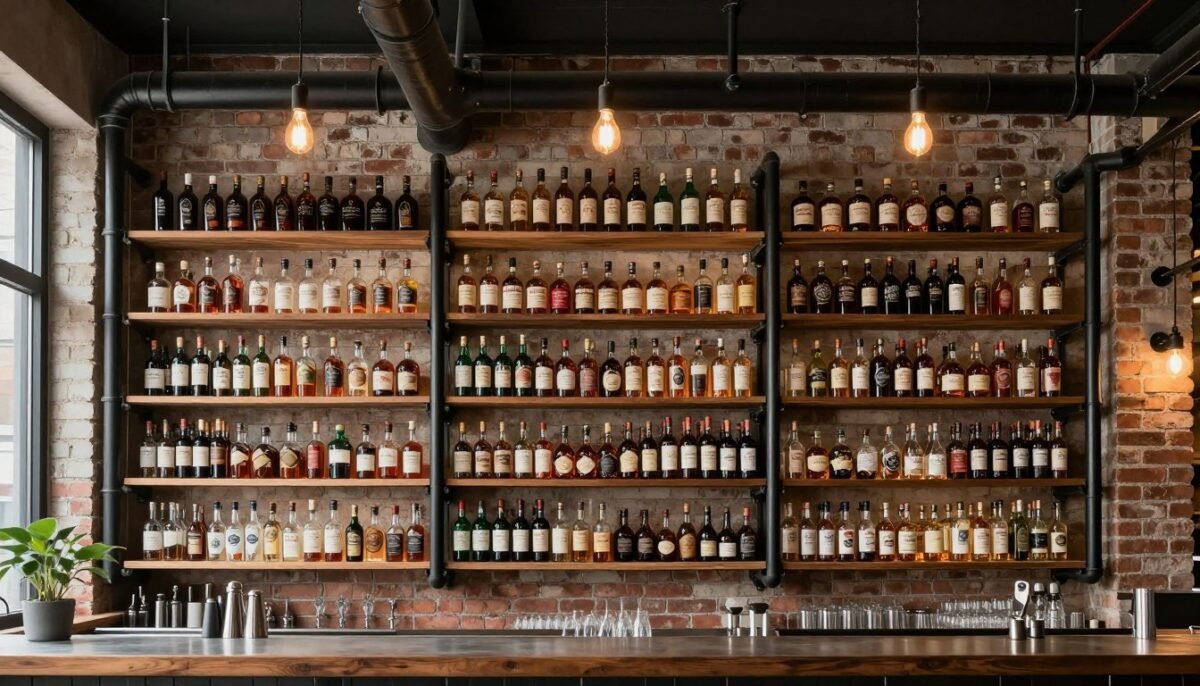 Full wall industrial pipe shelving bar with extensive bottle collection