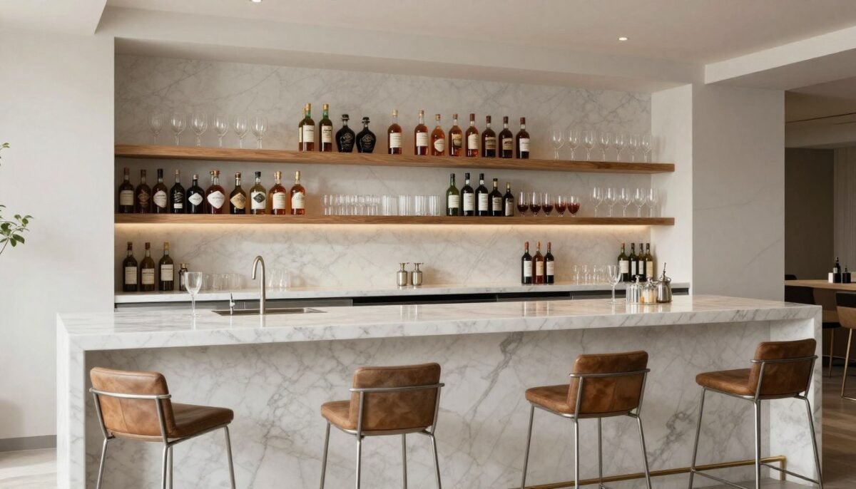 Full wet bar setup with marble countertop, floating shelves, and modern bar stools