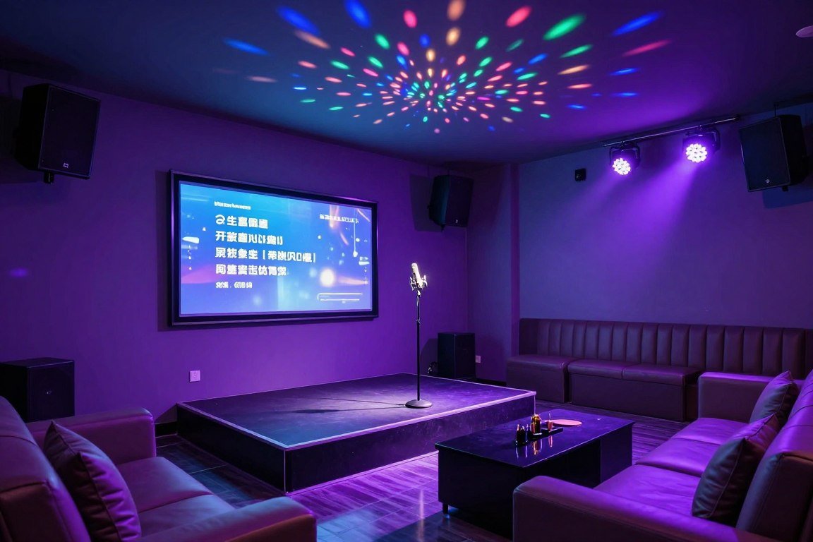 Fun karaoke room with small stage area and colorful lighting effects