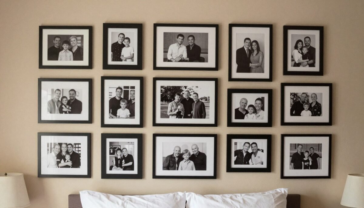Gallery wall of framed family photos arranged as personalized DIY headboard display with mixed frame sizes