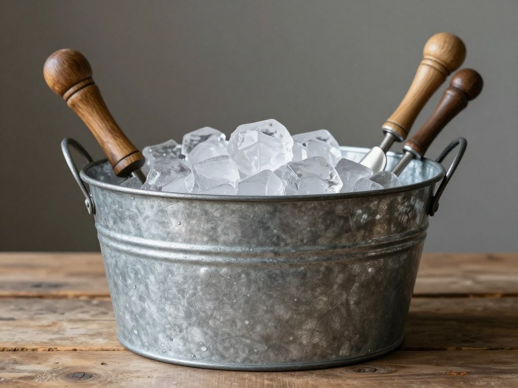Galvanized metal bucket with bar tools and ice