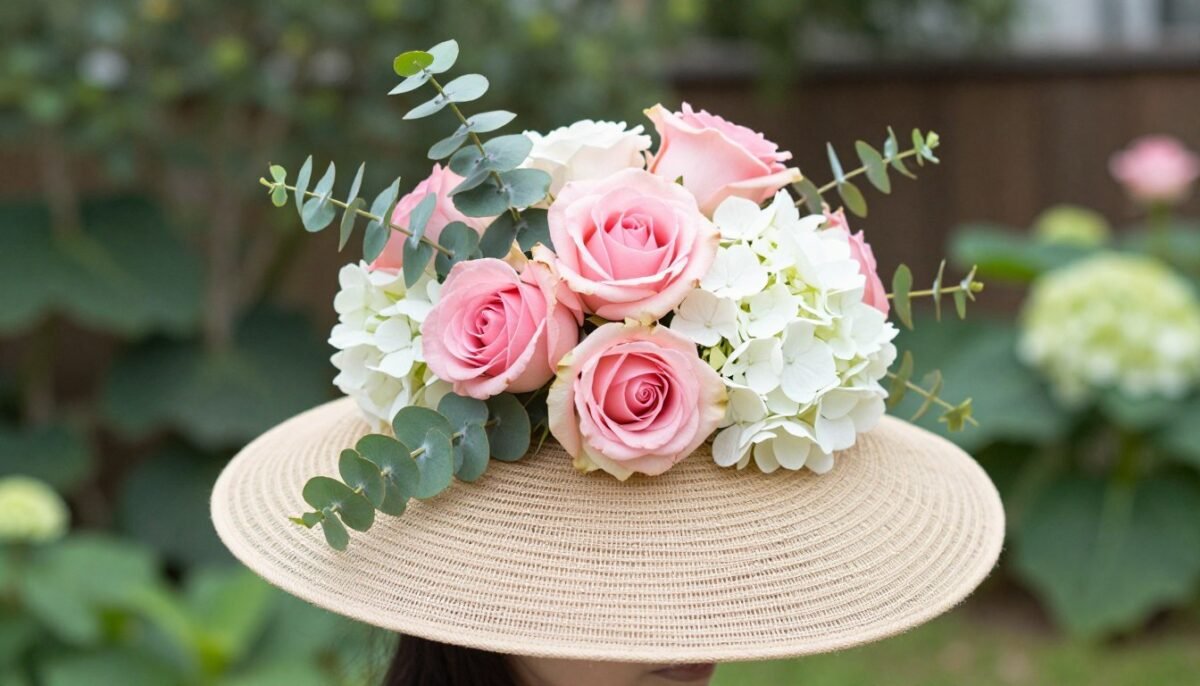 Garden party fascinator with mixed flowers and greenery Garden party fascinator with mixed flowers and greenery