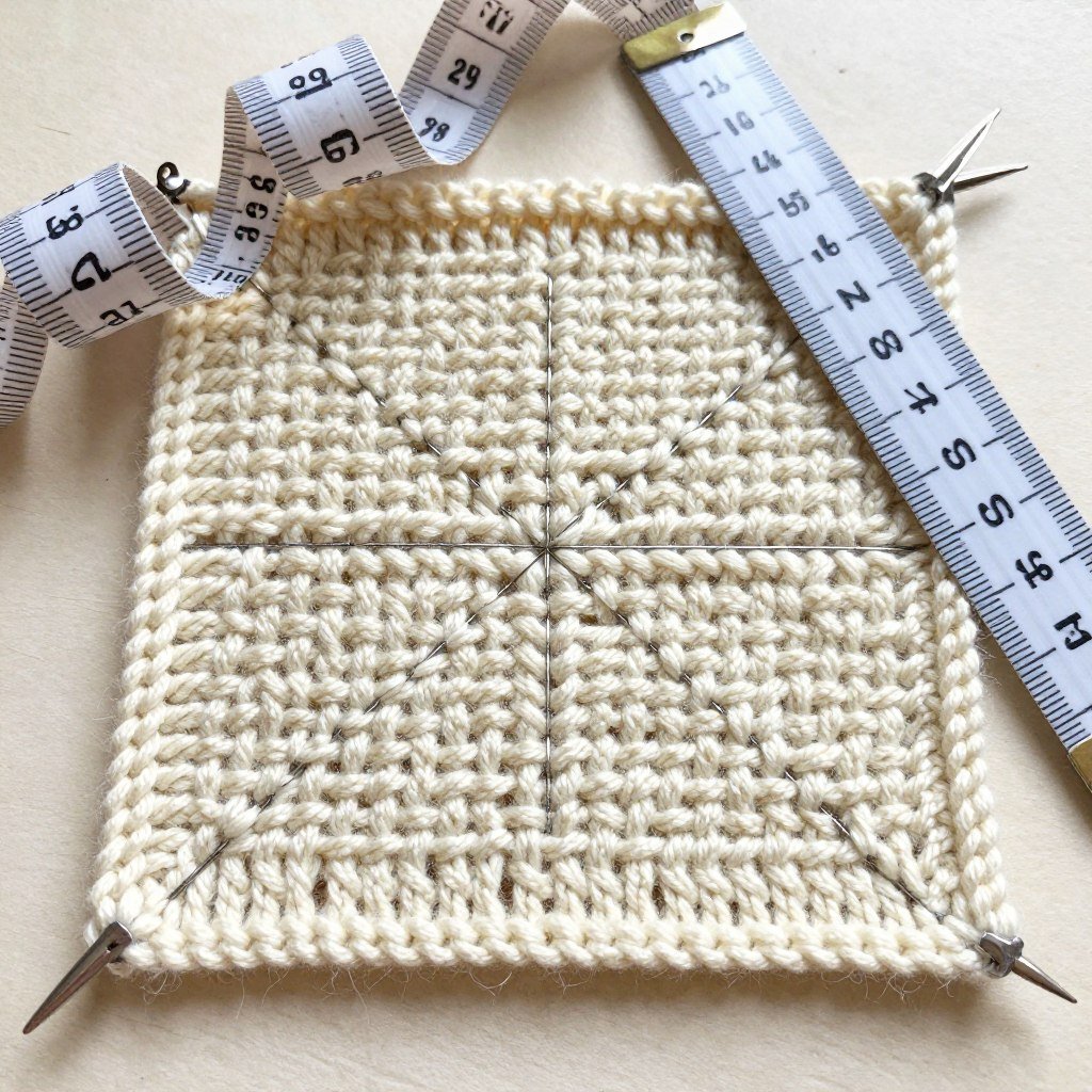 Gauge swatch for baby sweater pattern showing stitch measurement