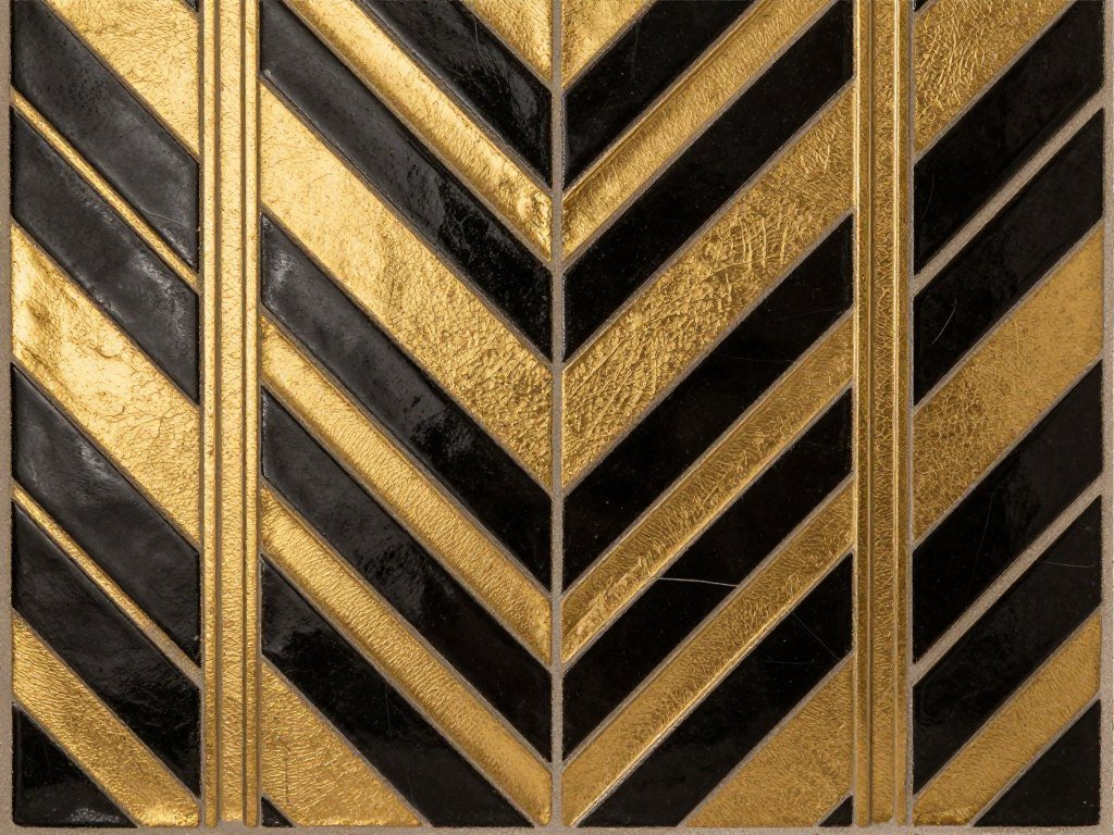 Geometric Art Deco tile backsplash in gold and black