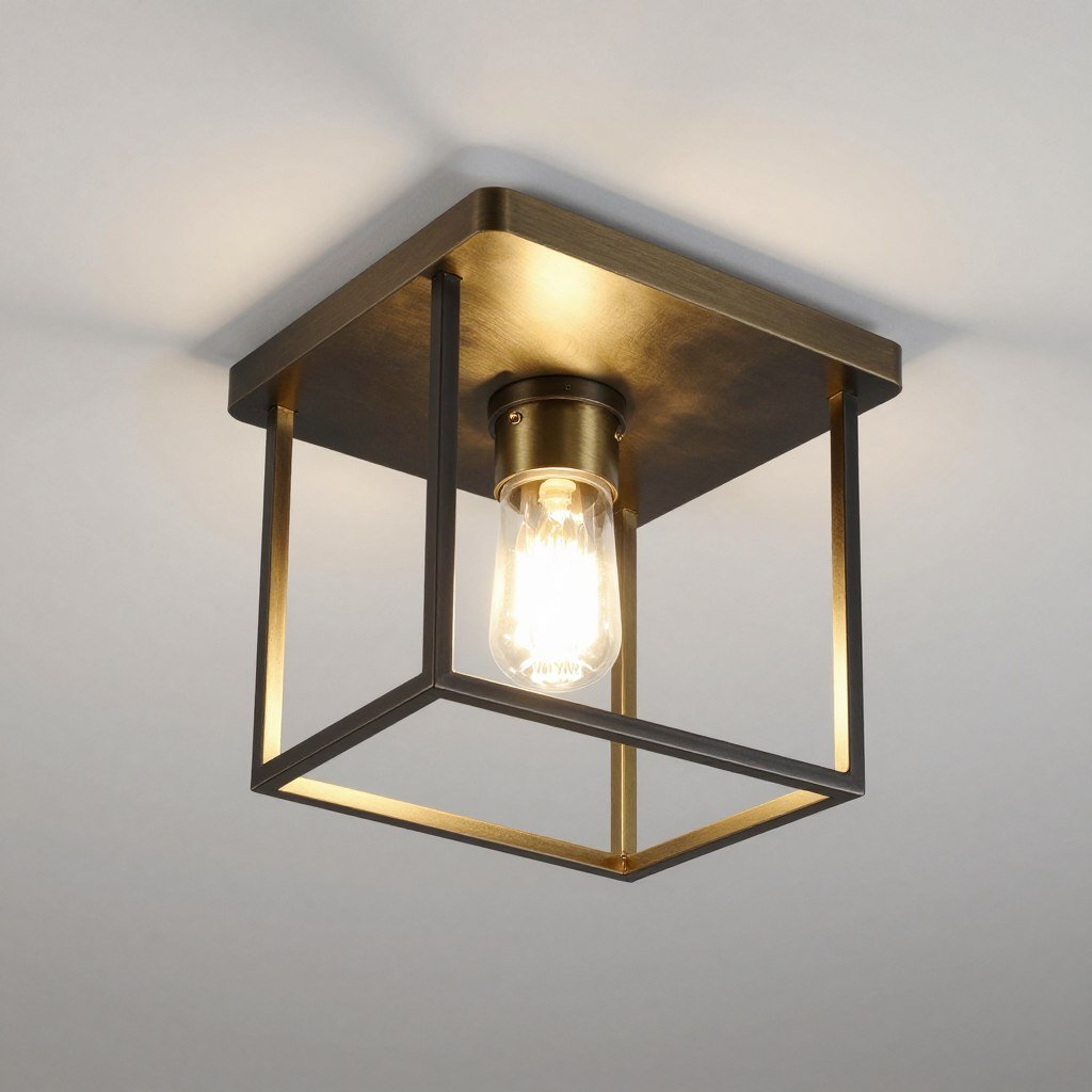 Geometric cage flush mount light with brass accents