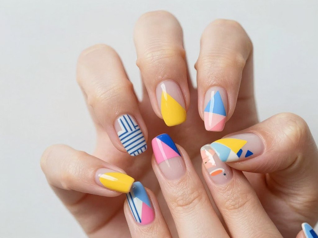 Geometric summer pattern June nails with triangles and stripes