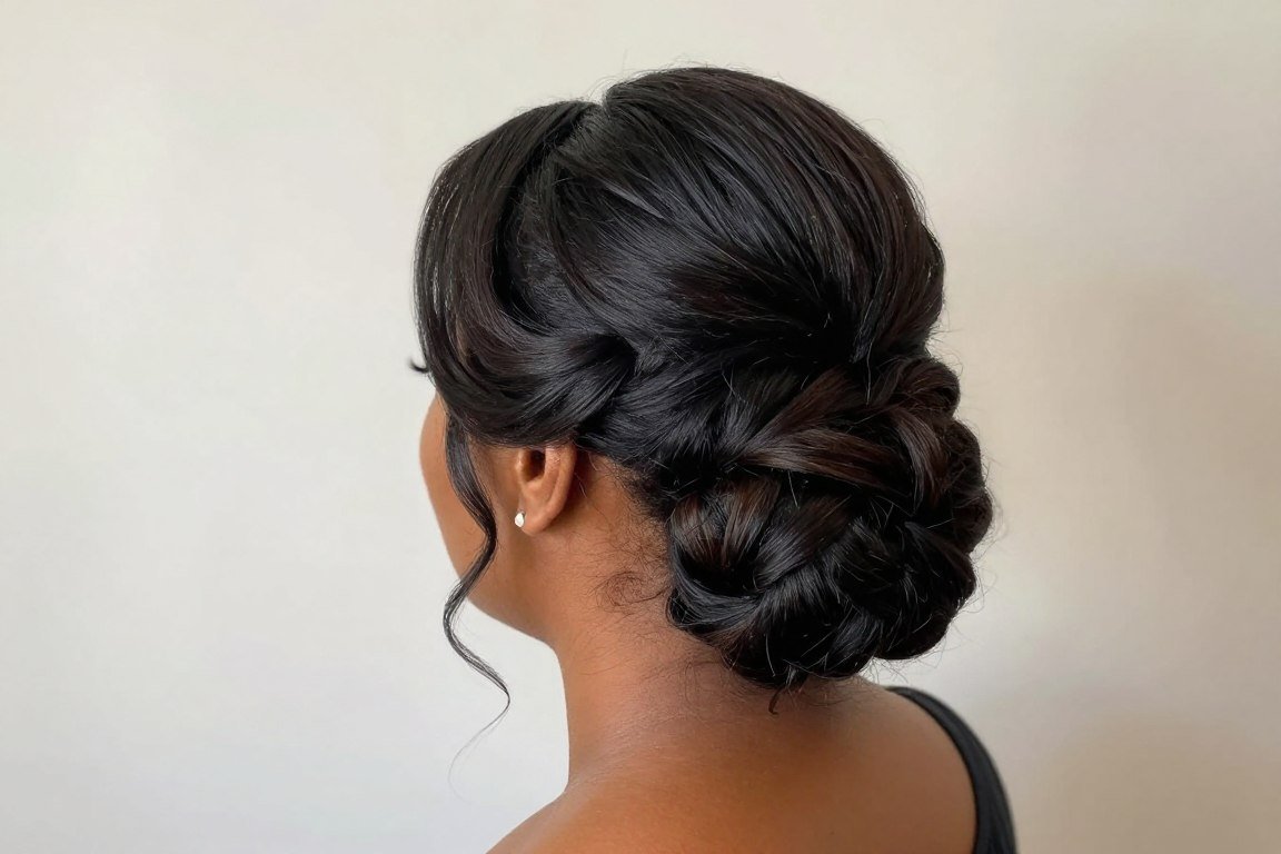 Gibson tuck hairstyle showing romantic elegance for older Black women
