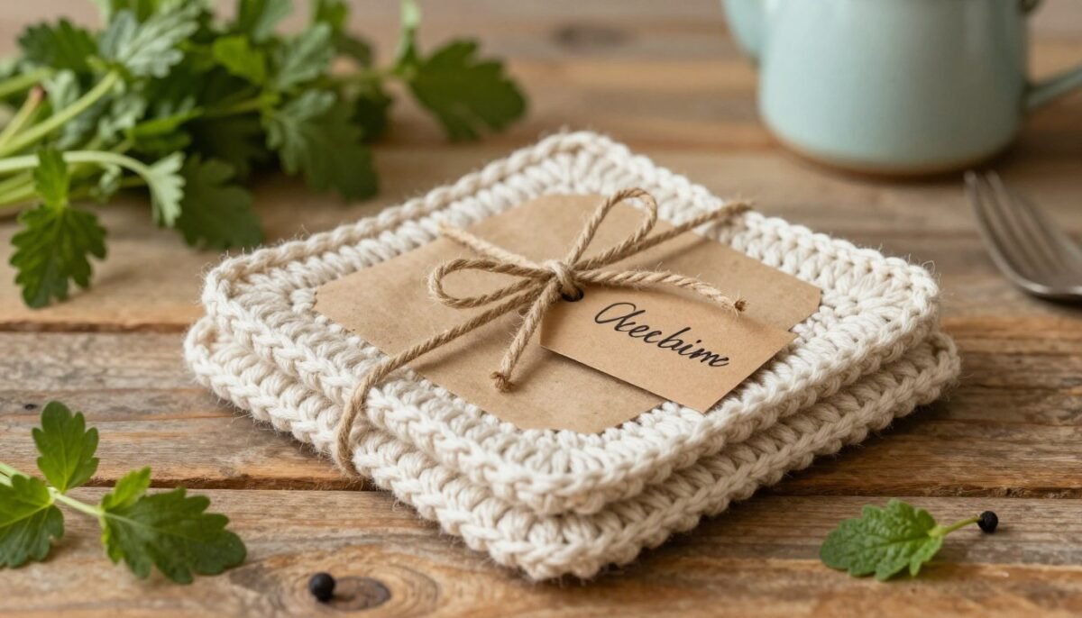 Gift-wrapped crochet potholders with ribbon and tag