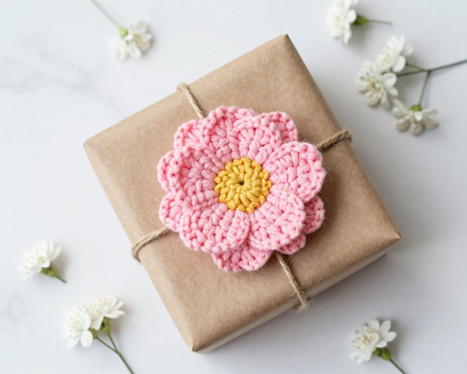 Gift wrapped in kraft paper decorated with crochet flower instead of bow