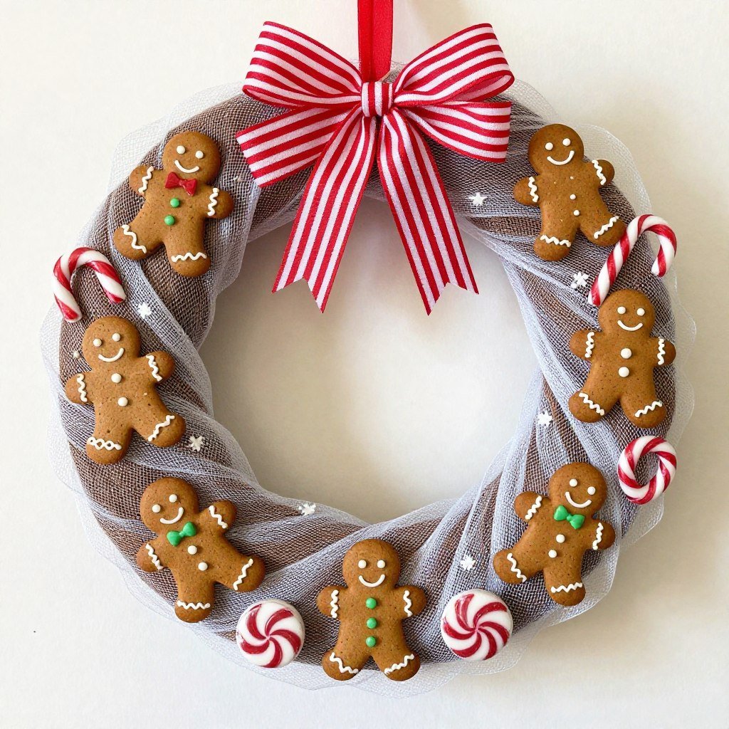 Gingerbread themed Christmas wreath with brown mesh