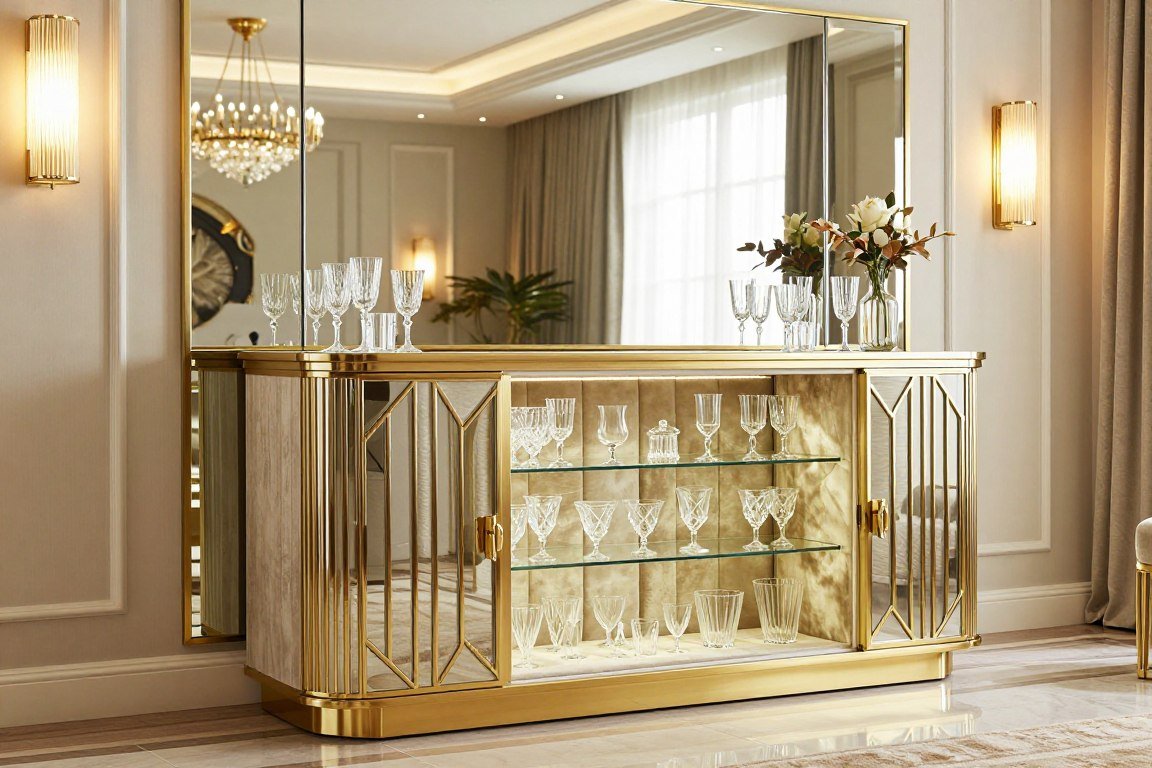 Glamorous mirrored Art Deco bar cabinet representing built-in bar ideas