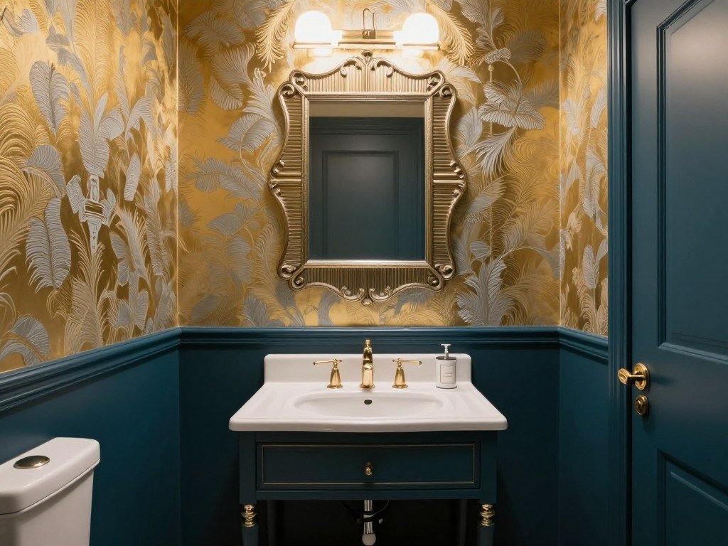 Glamorous powder room with metallic wallpaper and deep teal paint