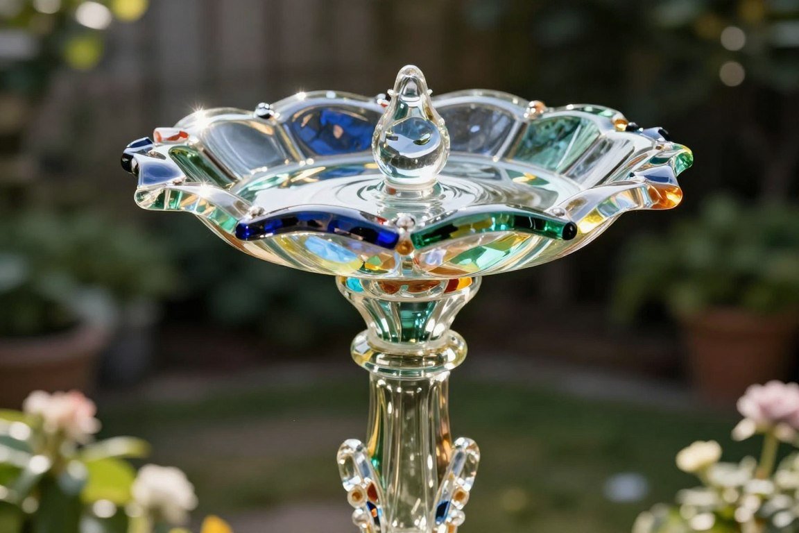 Glass bird bath made from thrift store glassware