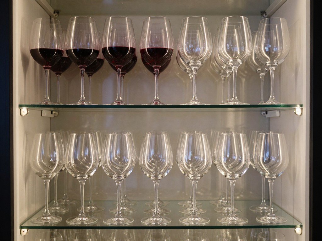 Glass cabinet with wine glasses arranged by type