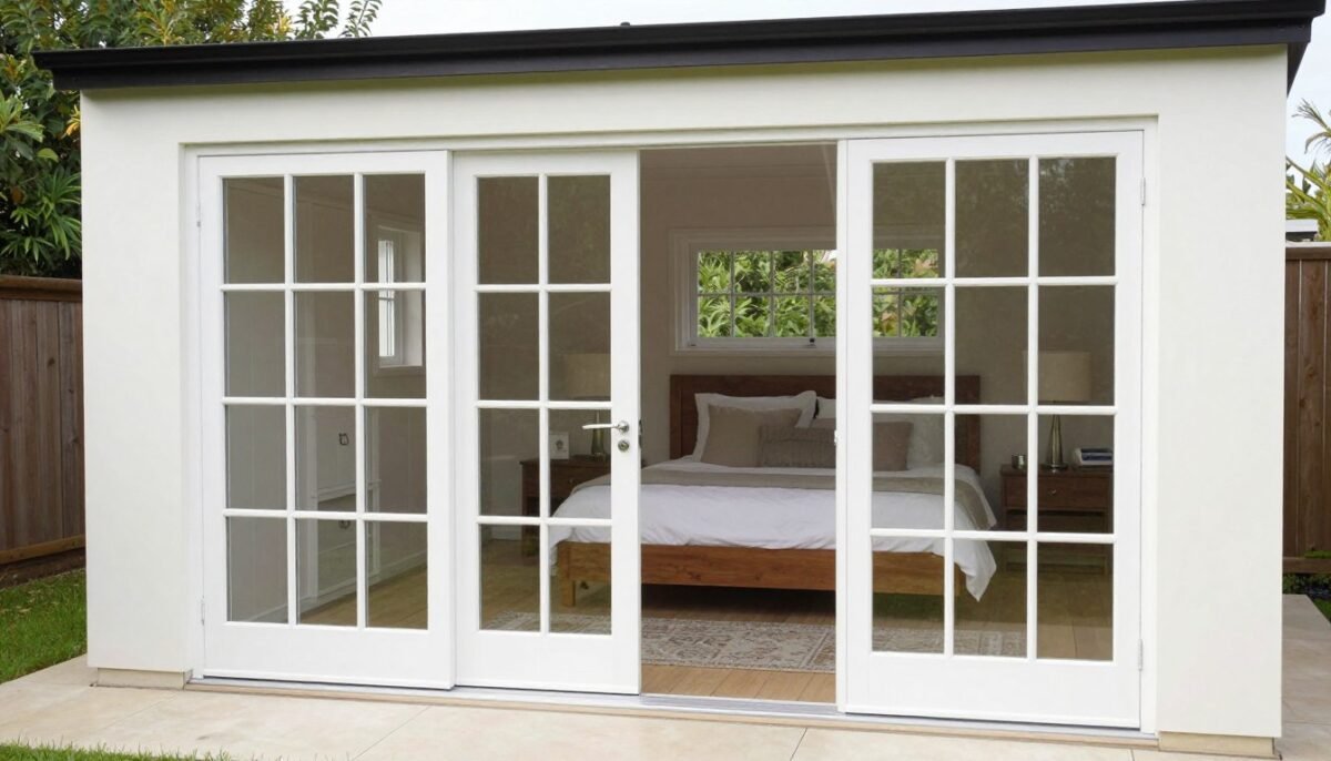 Glass doors in 16x40 shed house