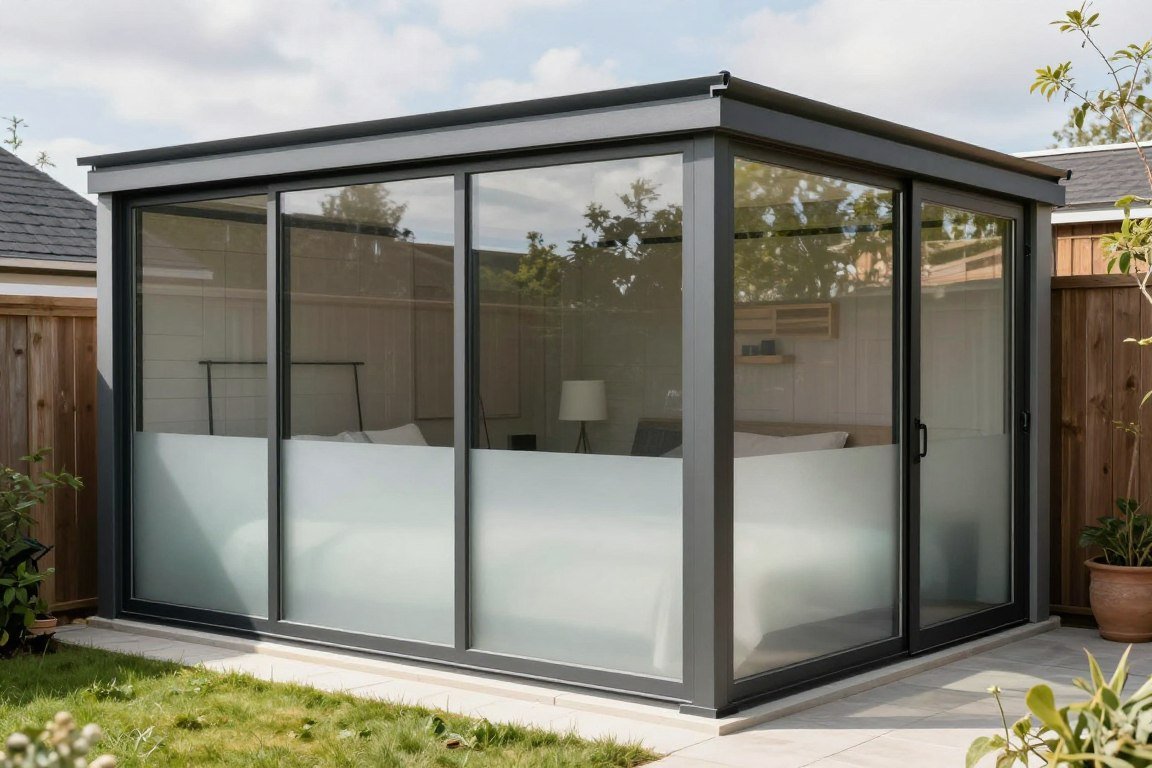 Glass partition in contemporary shed house