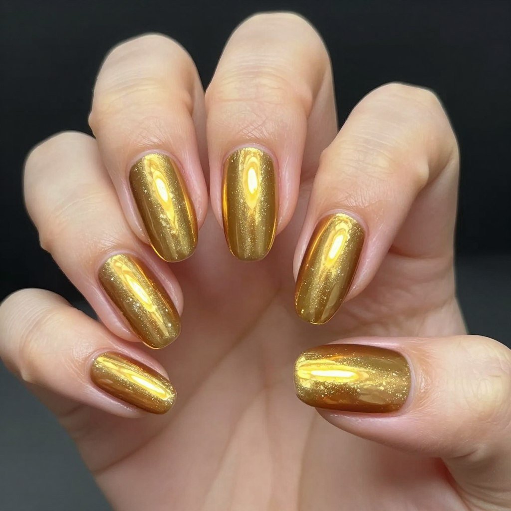 Gold chrome October nails with mirror-like metallic finish on almond nails
