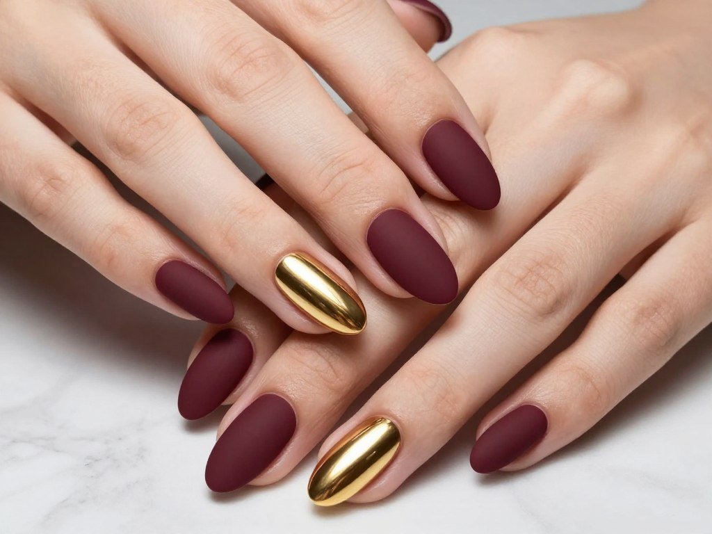 Gold chrome September nail design with matte finish