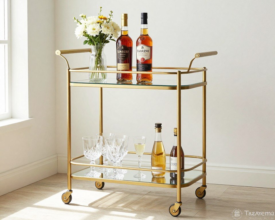 Gold metal bar cart with open shelving and glassware