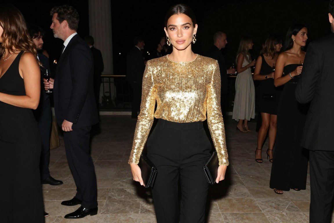 Gold sequined blouse with black tailored pants Italian evening glamour