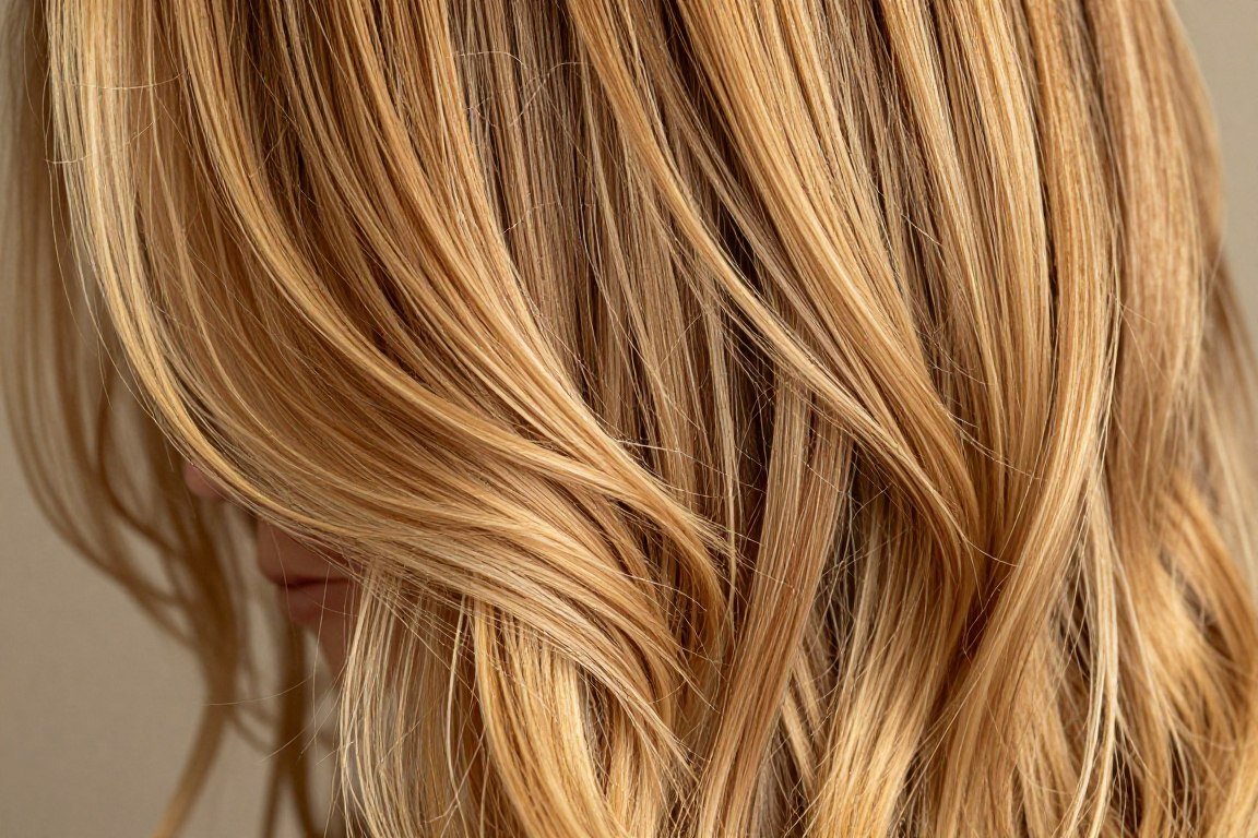 Golden blonde highlights showing warm honey tones in hair
