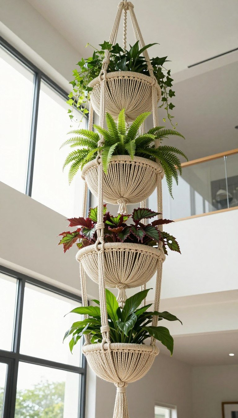 Grand four-tier macrame plant hanger statement piece with multiple plants