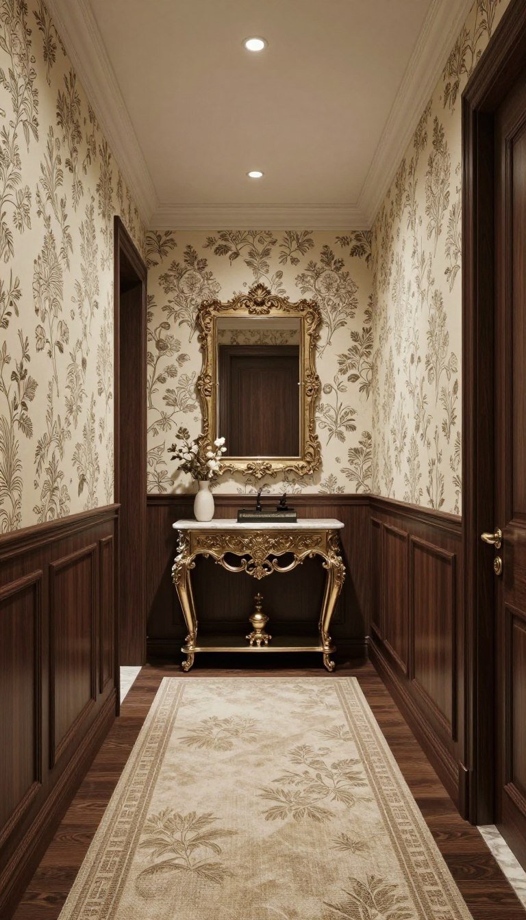 Grand hallway with elegant wallpaper and dark wood-tone paint