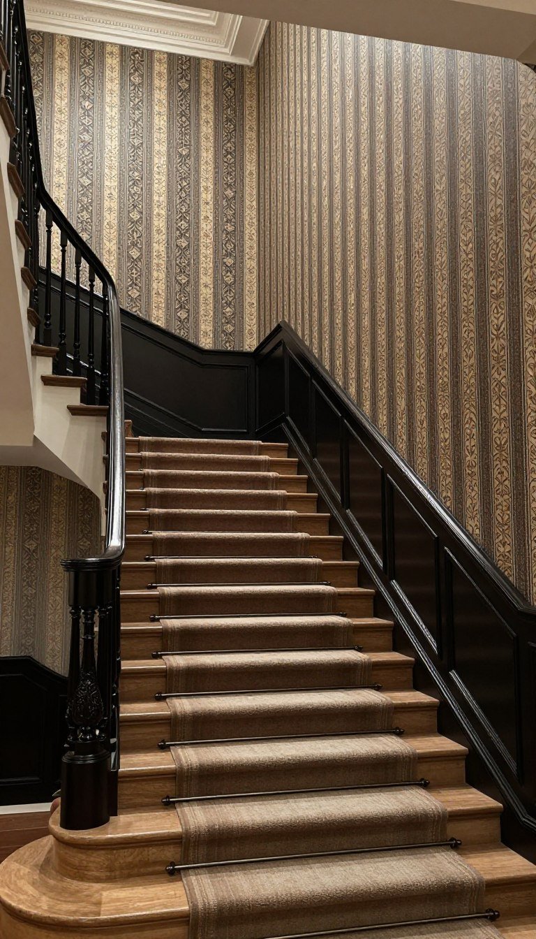 Grand staircase with dramatic wallpaper and dark paint