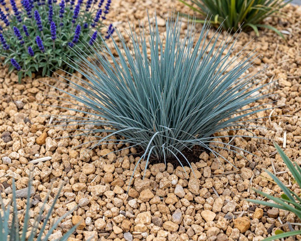 Gravel mulch application around xeriscape plants