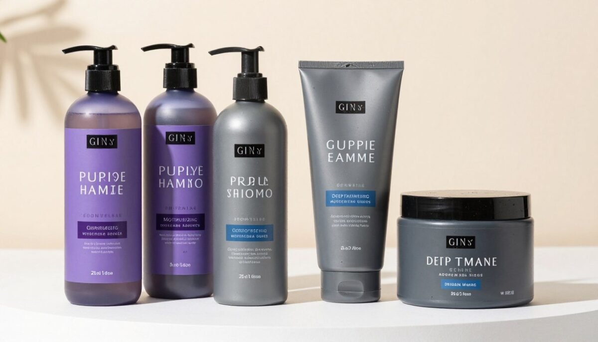 Gray hair care products including purple shampoo and conditioner