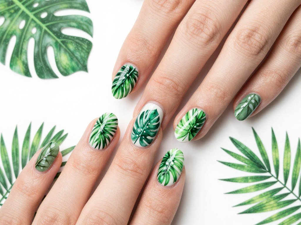 Green tropical leaf nail art on white base