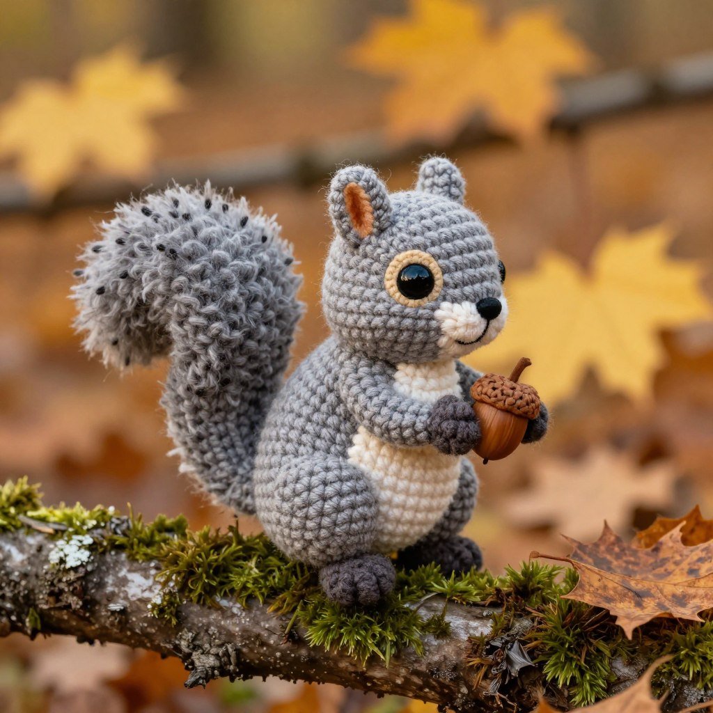 Grey crochet squirrel with acorn in woodland scene