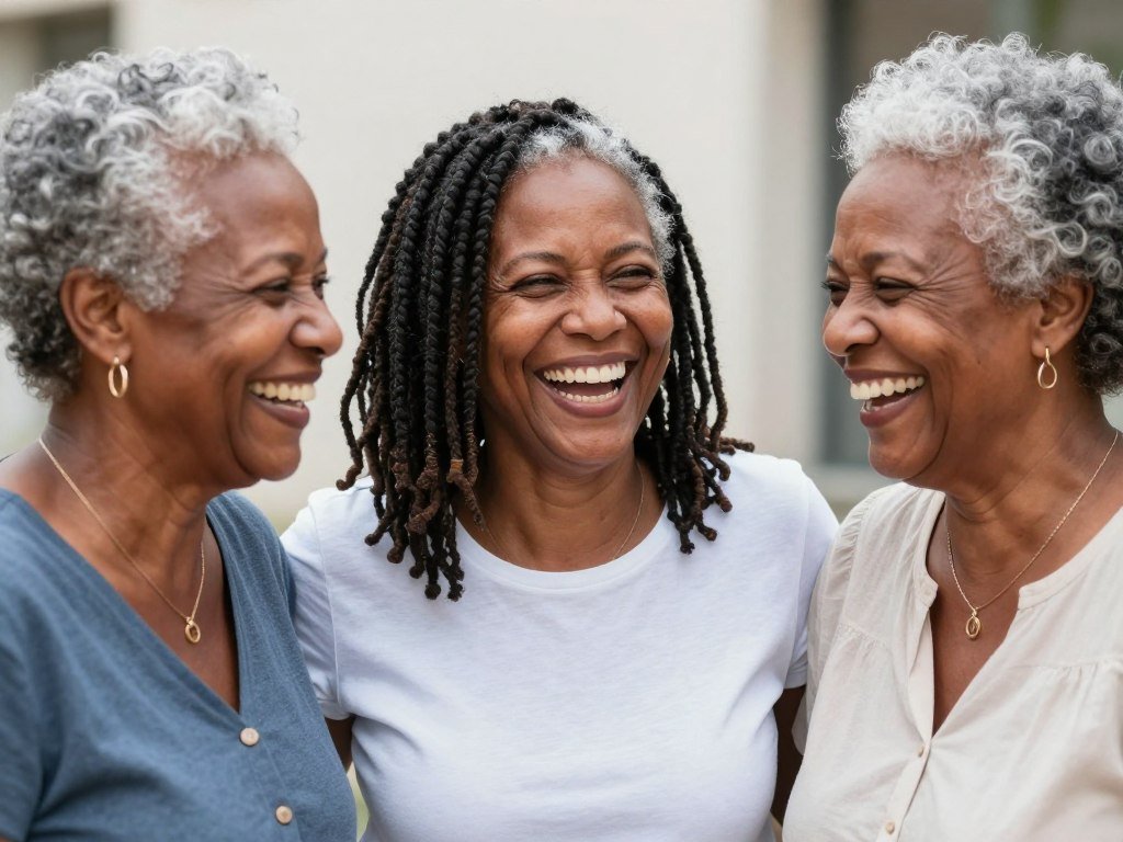 Group of older Black women with gray hair laughing together