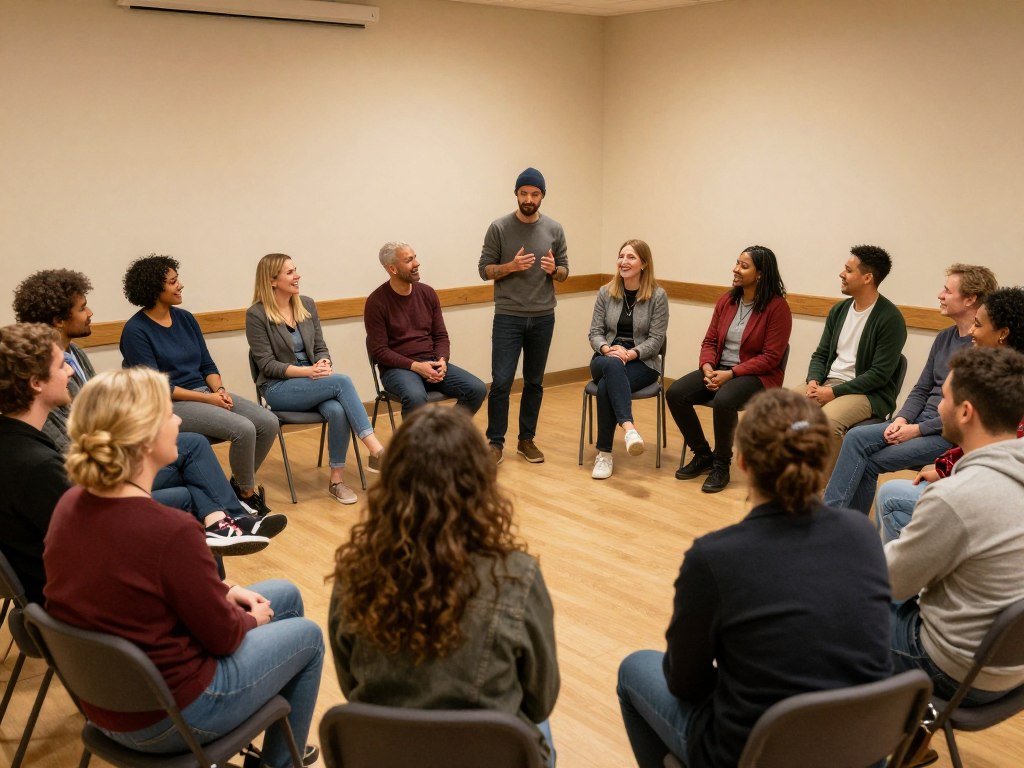 Group of people sitting in a circle playing two truths and a lie icebreaker game
