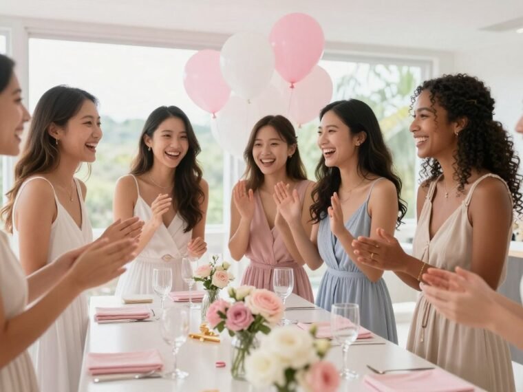 Group of women laughing together at bridal shower games with colorful decorations