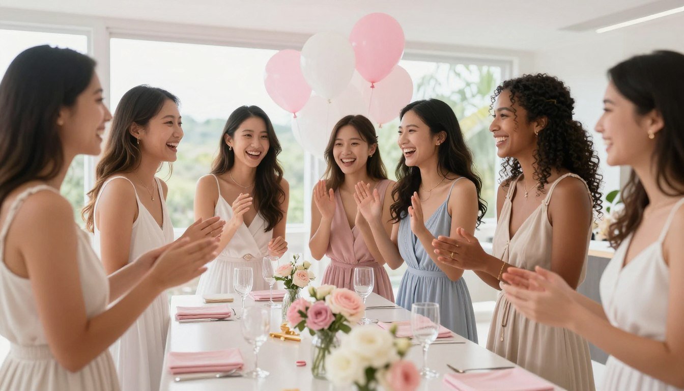 Group of women laughing together at bridal shower games with colorful decorations