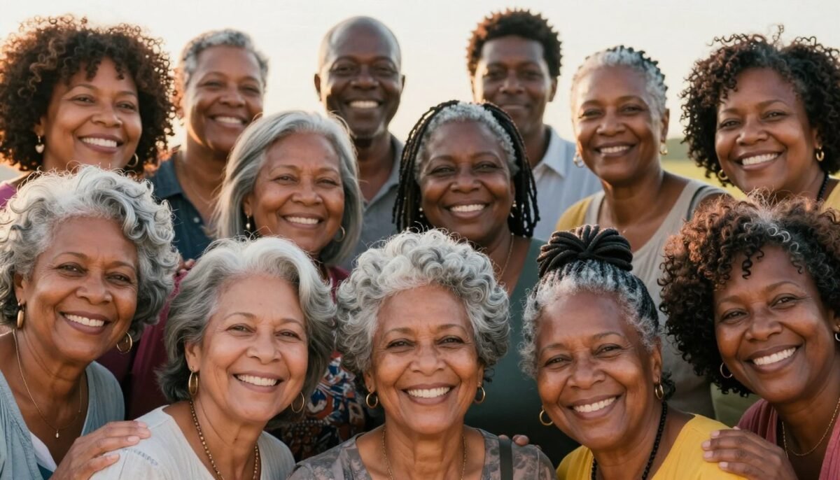 Group portrait of older Black women with gray hair celebrating together