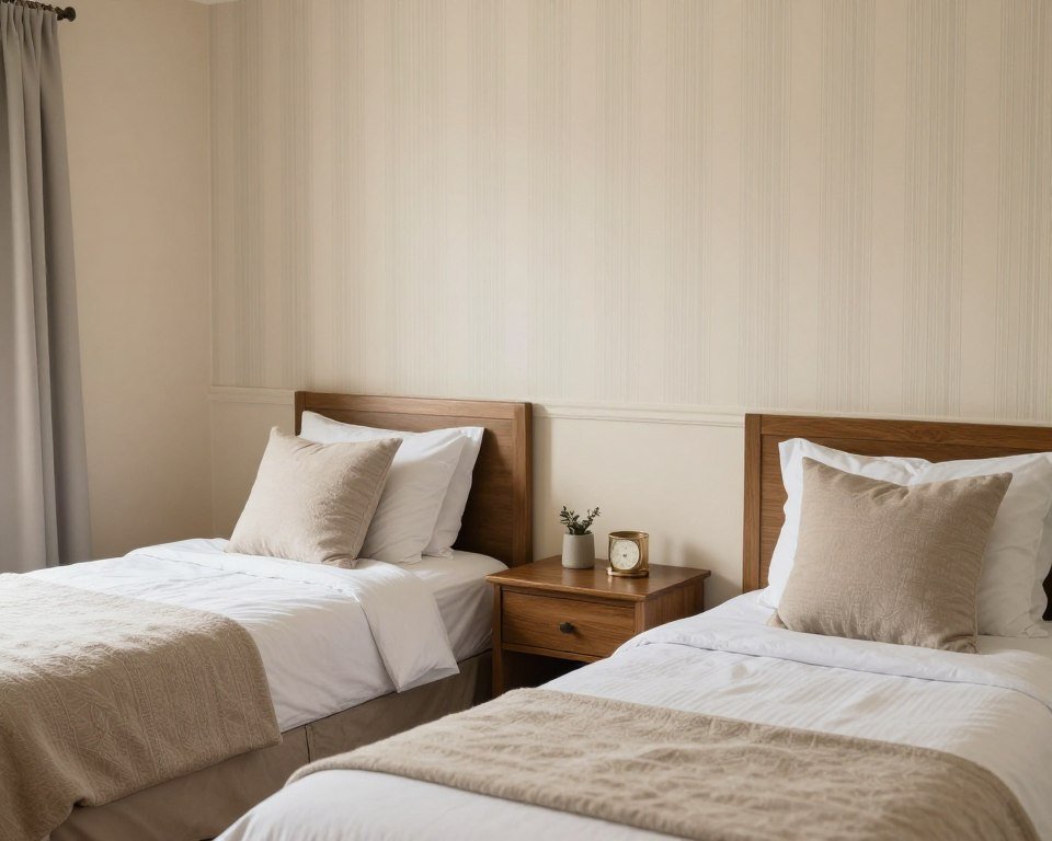 Guest bedroom with subtle stripe wallpaper and cream paint