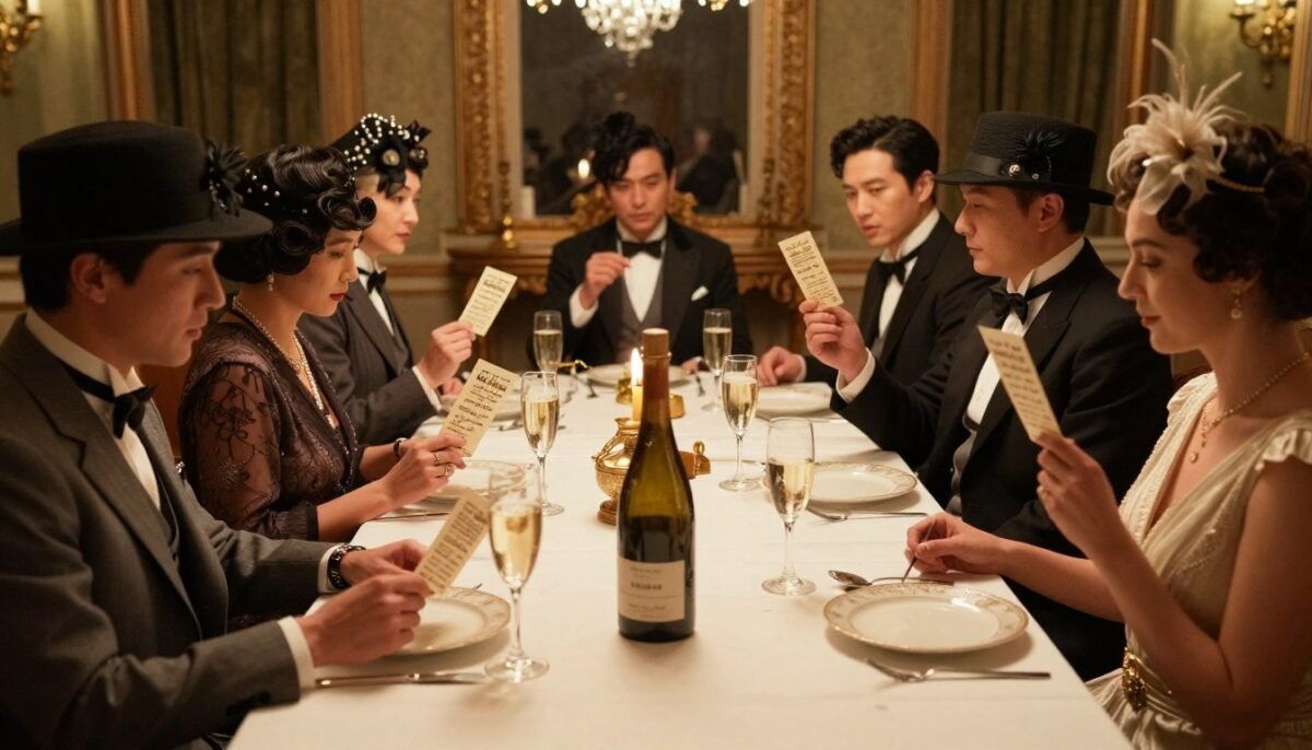 Guests in costume acting out roles at a murder mystery dinner party