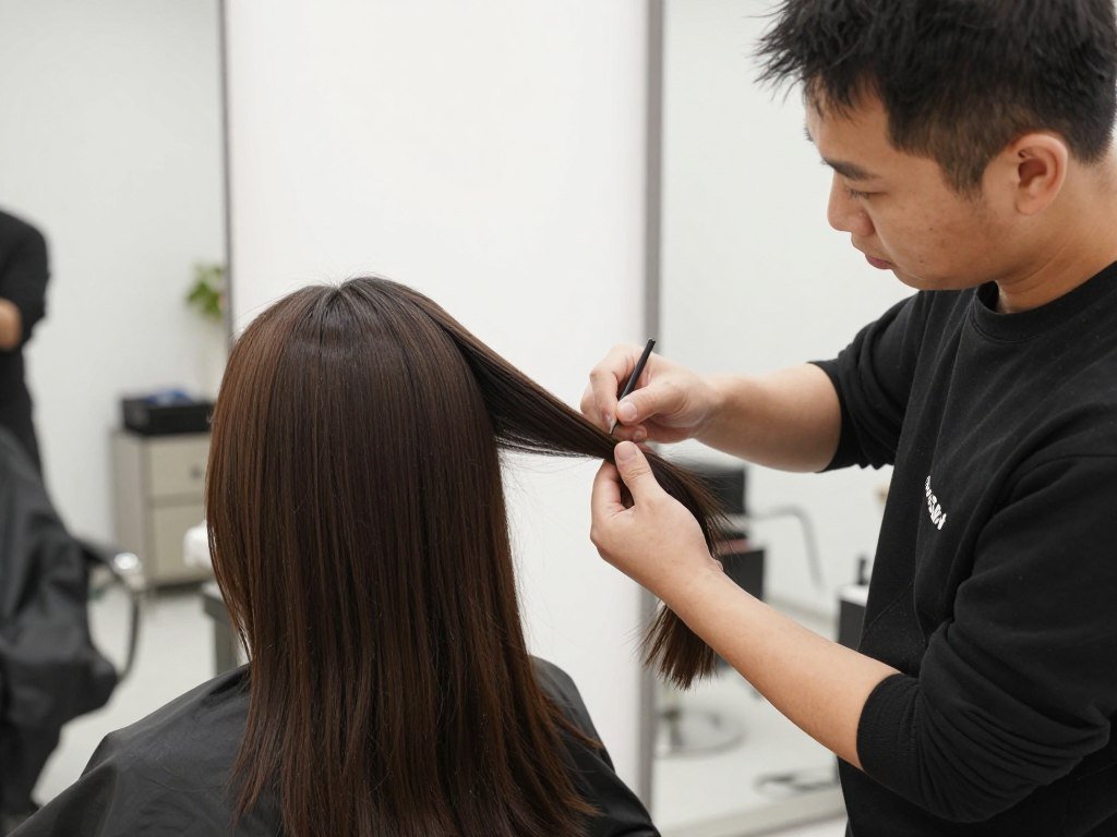 Hair colorist examining client's hair before balayage application
