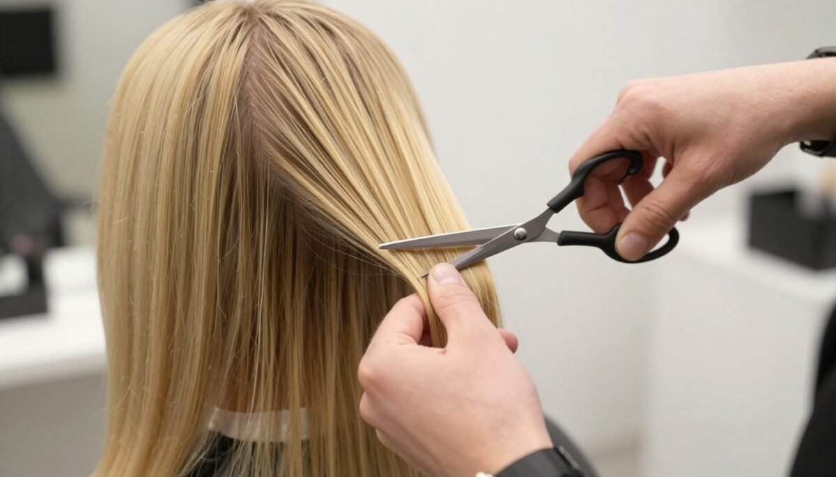 Hairstylist trimming fine hair to prevent split ends