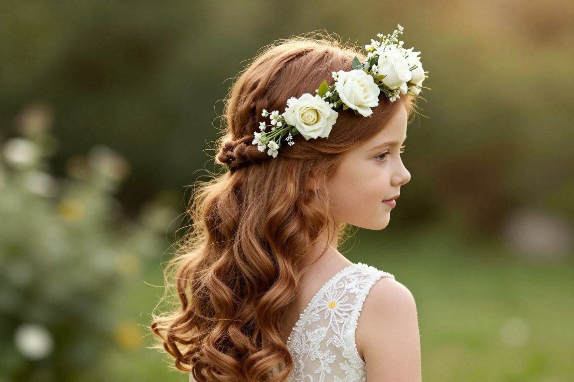 Half-up wedding hairstyle for kids with natural curls and fresh flower crown