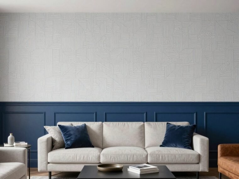 Half wallpaper half paint design in modern living room with navy blue paint below and geometric wallpaper above