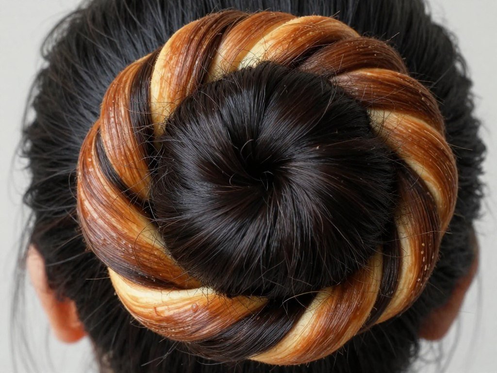 Halo bun showing twisted crown technique and central bun detail