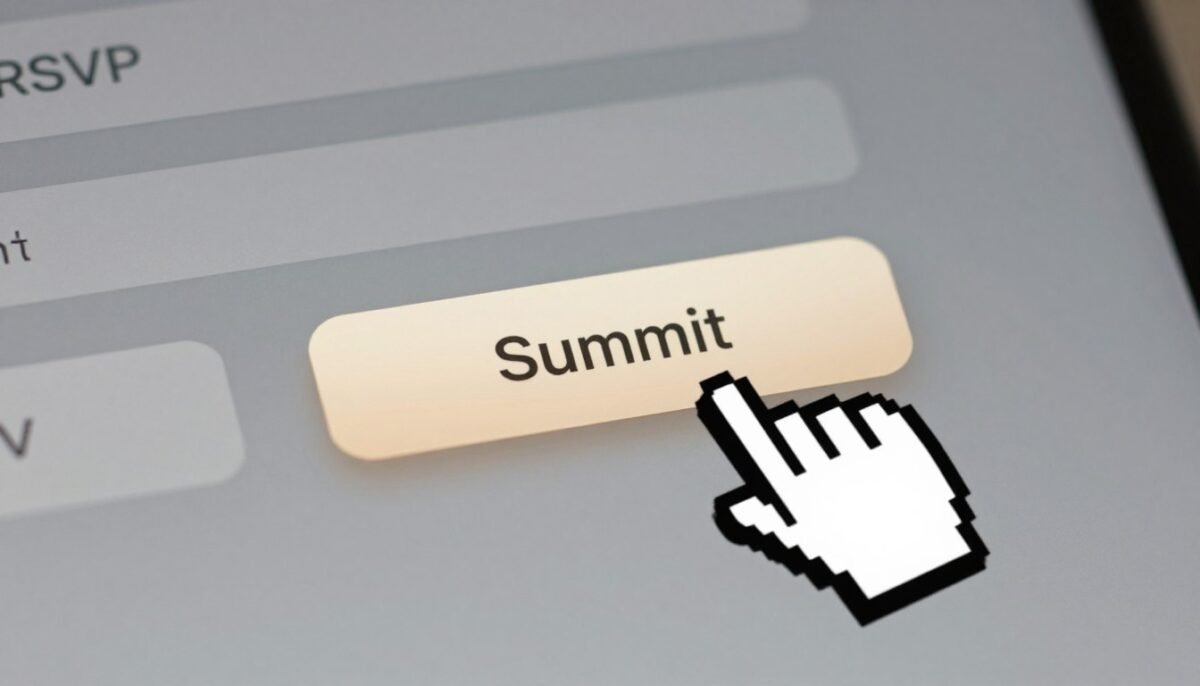 Hand clicking submit button on Minted wedding website RSVP form