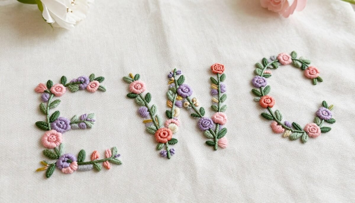 Hand embroidered letters decorated with delicate floral vines and leaves intertwined through letterforms
