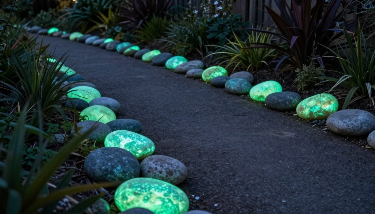 Hand-painted rocks with glow paint creating illuminated garden markers at dusk