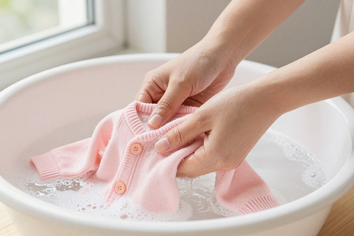 Hand washing baby cardigan in basin with gentle detergent
