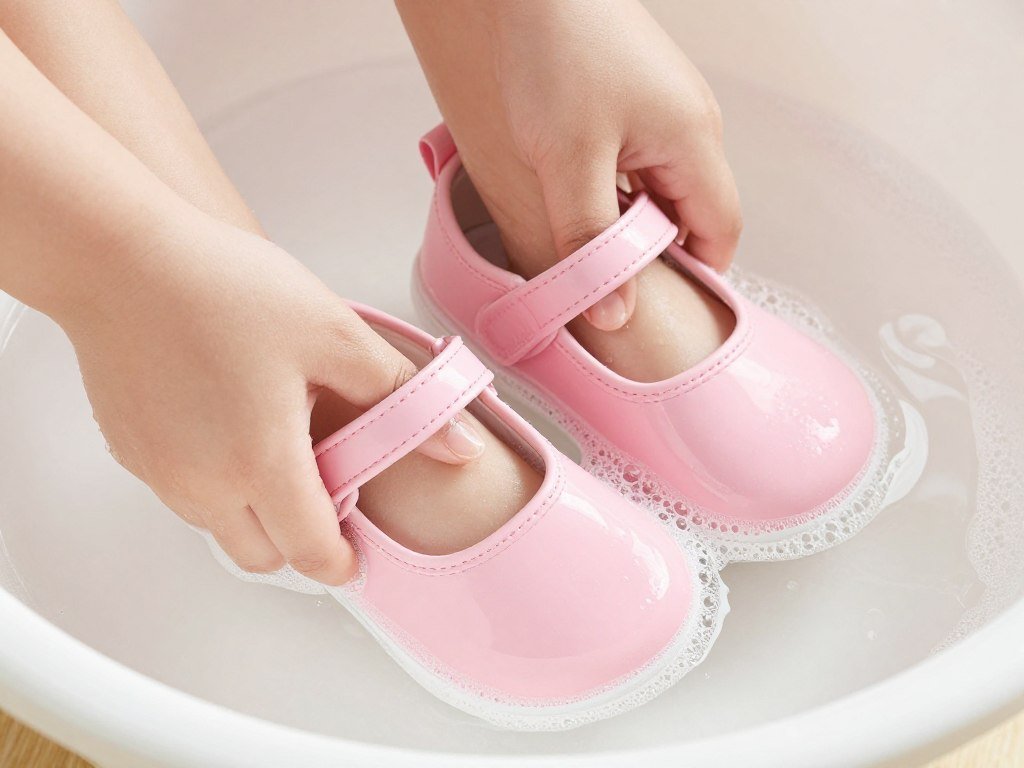 Hand washing baby mary jane shoes in basin